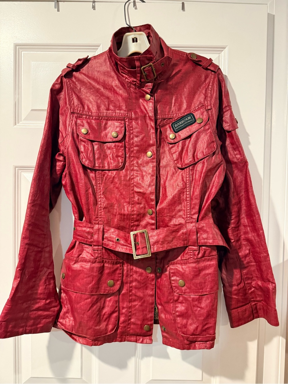 Barbour Red Belted Waxed Utility Jacket with Brass Hardware